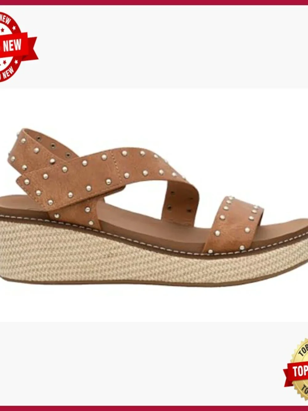 Strappy Wedge Sandals with Stud Detailing, Hook & Loop Closure, 2-Inch Heel